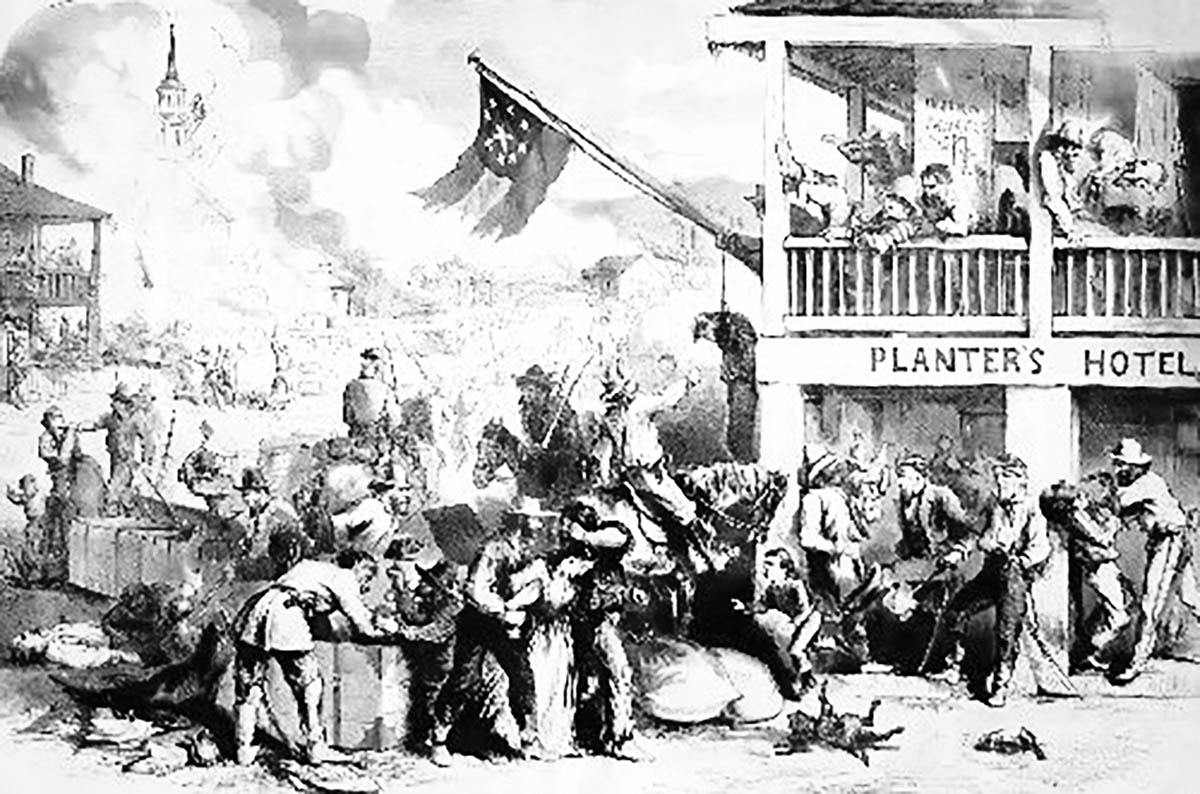 This illustration, a depiction of the massacre in Lawrence, Kansas, appeared in Harper’s Weekly in 1863.